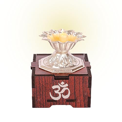 SolarBasket Wood Akhand Solar Diya For Puja,Temple,Home Decoration 1 Bati (Vat) Battery Operated Light Silver Coated Devdas Gifting Diva Pooja,Led Wicks Aarti Niranjan/Deepak (Pack Of 1) - Image 1