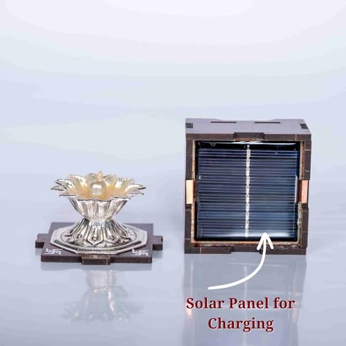SolarBasket Wood Akhand Solar Diya For Puja,Temple,Home Decoration 1 Bati (Vat) Battery Operated Light Silver Coated Devdas Gifting Diva Pooja,Led Wicks Aarti Niranjan/Deepak (Pack Of 1) - Image 4
