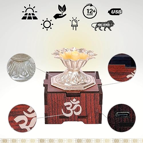SolarBasket Wood Akhand Solar Diya For Puja,Temple,Home Decoration 1 Bati (Vat) Battery Operated Light Silver Coated Devdas Gifting Diva Pooja,Led Wicks Aarti Niranjan/Deepak (Pack Of 1) - Image 2