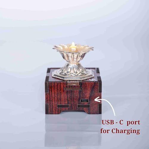 SolarBasket Wood Akhand Solar Diya For Puja,Temple,Home Decoration 1 Bati (Vat) Battery Operated Light Silver Coated Devdas Gifting Diva Pooja,Led Wicks Aarti Niranjan/Deepak (Pack Of 1) - Image 5