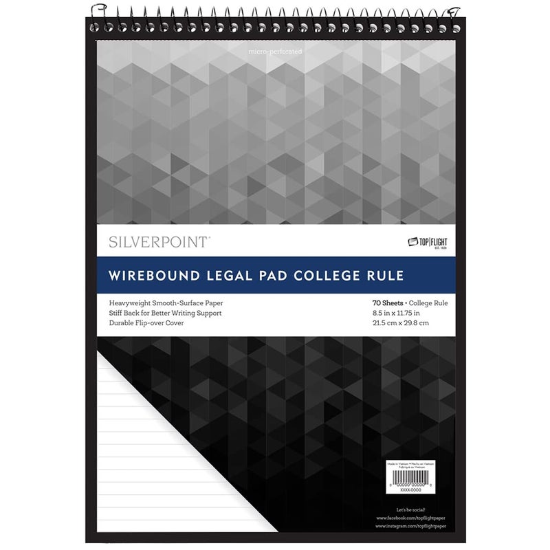 Top Flight Silverpoint Top Wire Legal Pad, College Rule, Heavy Back, 8.5 x 11.75 Inches, 70 Sheets, Protective Cover, Gray/Black (51073) - Image 1