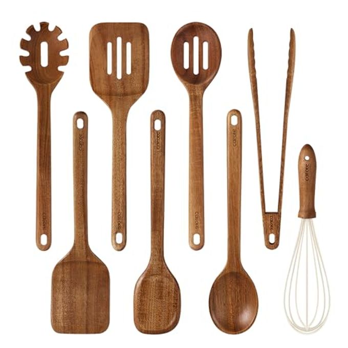 CAROTE Wooden Kitchen Utensils Set, Acacia Wood 8pcs Cooking Utensil Set for Nonstick Cookware, Long-lasting Wooden Spoons for Cooking, Spatula, Turner