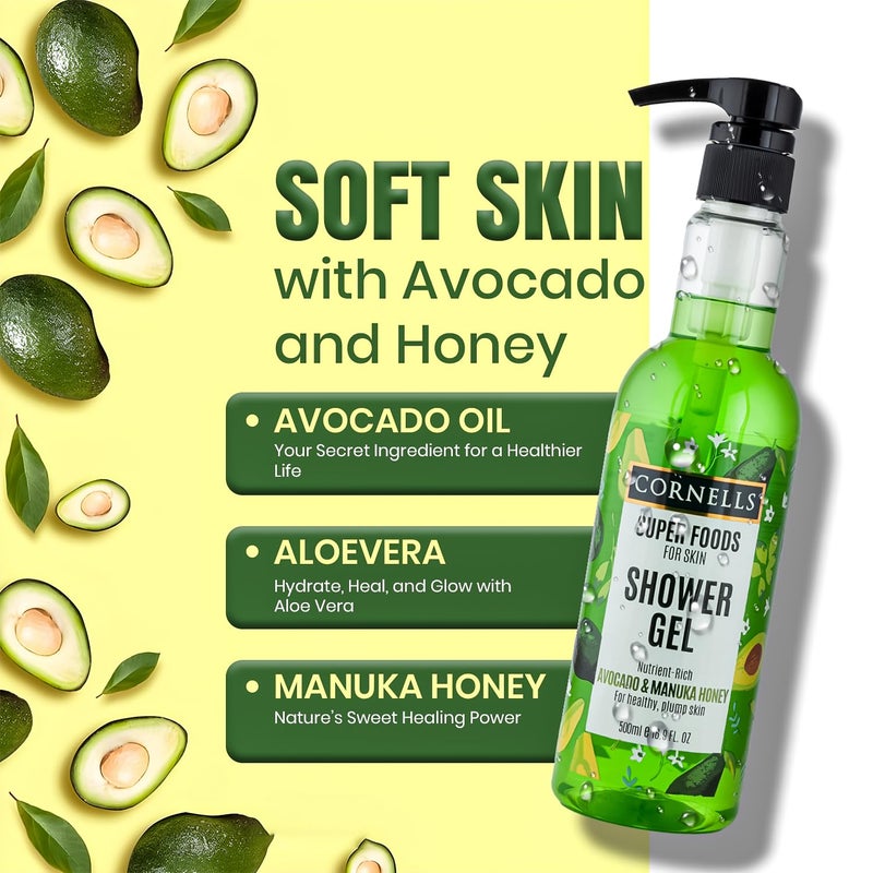 CORNELLS WELLNESS CORNELLS Super Foods Avocado & Manuka Honey Shower Gel For Healthy & Plump Skin | For Men & Women Moisturizing & Skin-Nourishing Body Wash - 500ml - Image 2