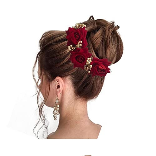 Samyak Beautiful Handmade Artificial Rose Flower Hair Pin | Gajra | Bridal Wedding Headdress | Jewellery | Bun Juda Decoration Headband Veni Accessories Bridesmaid Women & Girls (Red) - Image 3