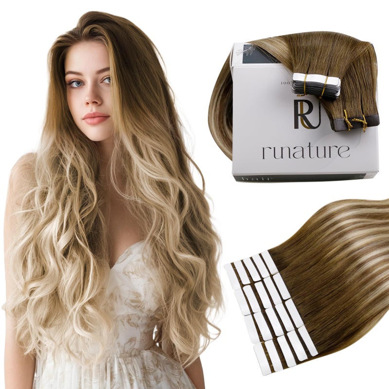 RUNATURE Tape in Hair Extensions Human Hair Balayage Human Hair Tape in Extensions Walnut Brown to Light Blonde Hair Extensions Tape Ins 18 Inch 50g 20pcs
