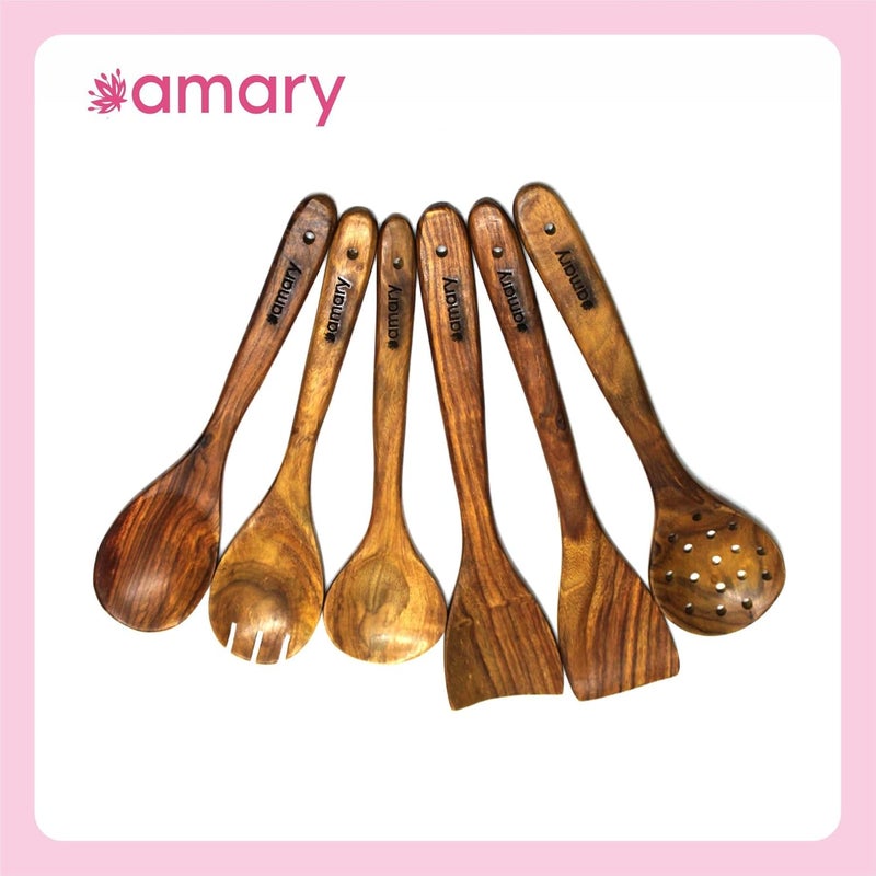 AMARY Handcrafted Sheesham Wood Cooking Spoon Set Kitchen Utensils for Frying Stirring Serving Nonstick Safe Durable Ladles Spatulas for Everyday Cooking Set of 6 35cm - Image 3