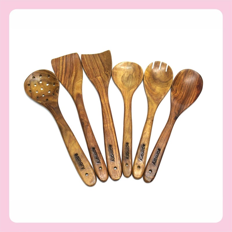 AMARY Handcrafted Sheesham Wood Cooking Spoon Set Kitchen Utensils for Frying Stirring Serving Nonstick Safe Durable Ladles Spatulas for Everyday Cooking Set of 6 35cm - Image 1