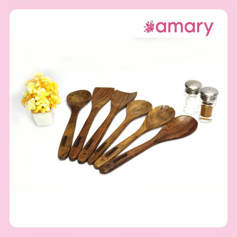 AMARY Handcrafted Sheesham Wood Cooking Spoon Set Kitchen Utensils for Frying Stirring Serving Nonstick Safe Durable Ladles Spatulas for Everyday Cooking Set of 6 35cm - Image 4