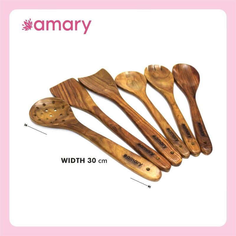 AMARY Handcrafted Sheesham Wood Cooking Spoon Set Kitchen Utensils for Frying Stirring Serving Nonstick Safe Durable Ladles Spatulas for Everyday Cooking Set of 6 35cm - Image 2