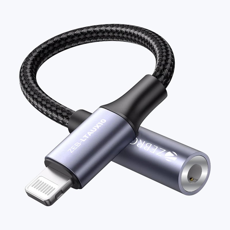 ZEBRONICS LTAux10, Lightning to 3.5 mm Converter, Built-in DAC Chip, Braided Cable, Aluminum Body, Supports Both Mic & Audio, Compatible with iPhone 14 | 13 | 12 | 11 | XS | X | 8 | 7 | 6 | 5 - Image 1