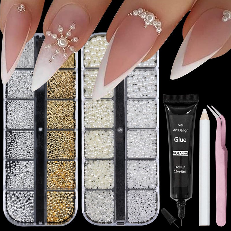 VOTACOS Nail Art Pearls with Nail Rhinestones Glue Gel Flatback Pearls Nail Charms Luxurious Nail Supplies Accessories Gold Silver Nail Gems Jewelry Pearls for Women Nail Design - Image 1