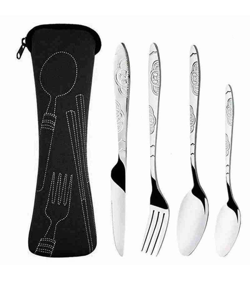 Black 4 Pcs Stainless Steel Cutlery Set Portable Camping Dinnerware With Bag Knives Forks Spoons - Image 1