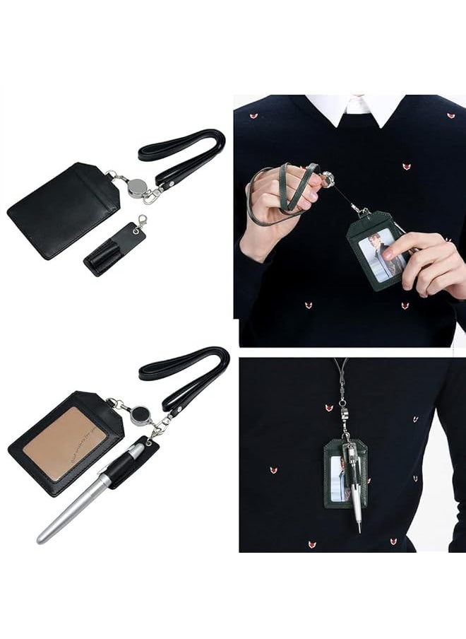X spring Office Badge Holder Brown Retractable Badge Holders With Pen Holder Leather Credit Id Card Holder With Stretch Neck Lanyard Vertical Style For Teacher Student  - Image 4