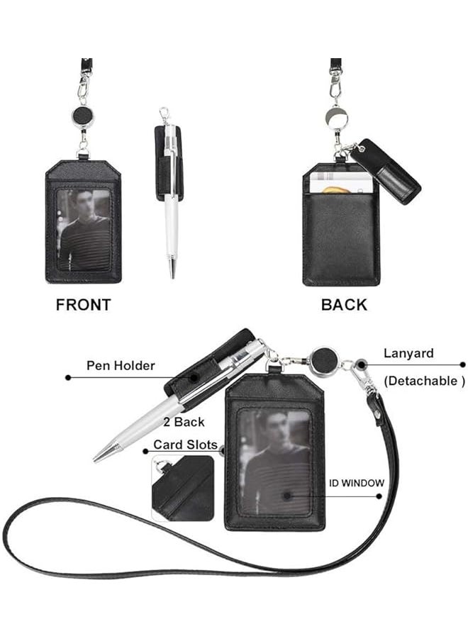 X spring Office Badge Holder Brown Retractable Badge Holders With Pen Holder Leather Credit Id Card Holder With Stretch Neck Lanyard Vertical Style For Teacher Student  - Image 2