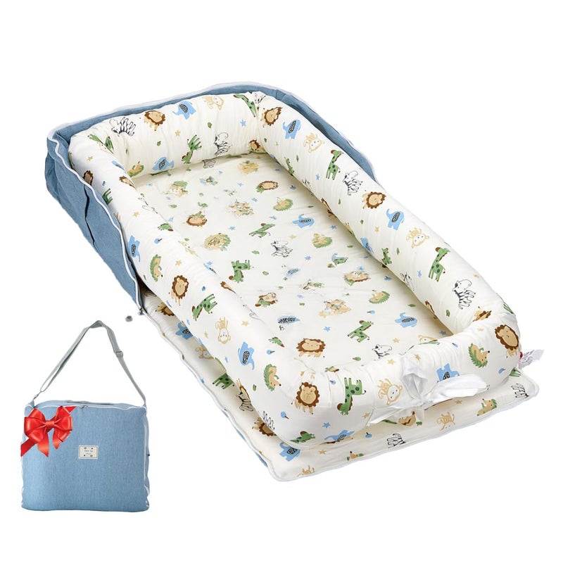 Loevin Baby Lounger for Newborns & Infants 0â€“24 Months, 100% Cotton Breathable Infant Support Cushion with Adjustable Size, Portable Baby Nest for Home and Travel, Baby Shower Gift (Animal World Blue) - Image 1