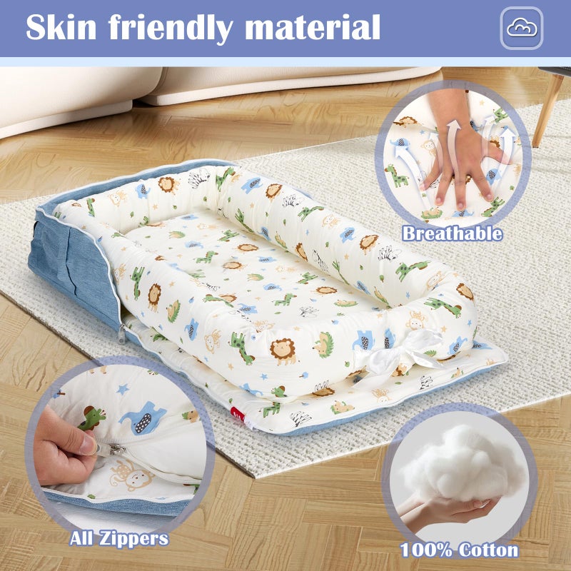 Loevin Baby Lounger for Newborns & Infants 0â€“24 Months, 100% Cotton Breathable Infant Support Cushion with Adjustable Size, Portable Baby Nest for Home and Travel, Baby Shower Gift (Animal World Blue) - Image 3