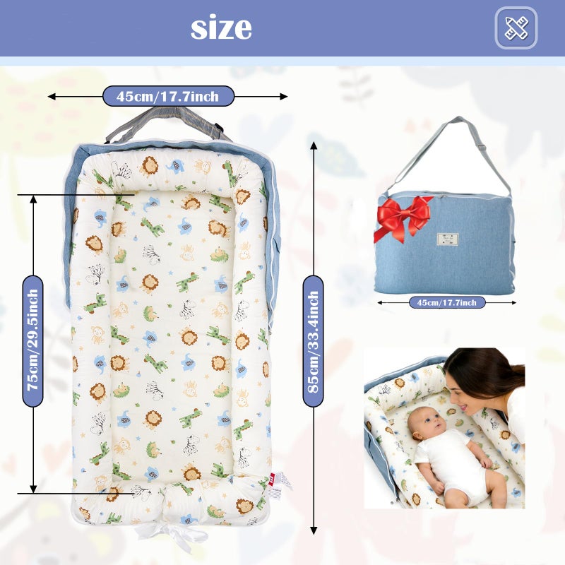 Loevin Baby Lounger for Newborns & Infants 0â€“24 Months, 100% Cotton Breathable Infant Support Cushion with Adjustable Size, Portable Baby Nest for Home and Travel, Baby Shower Gift (Animal World Blue) - Image 2