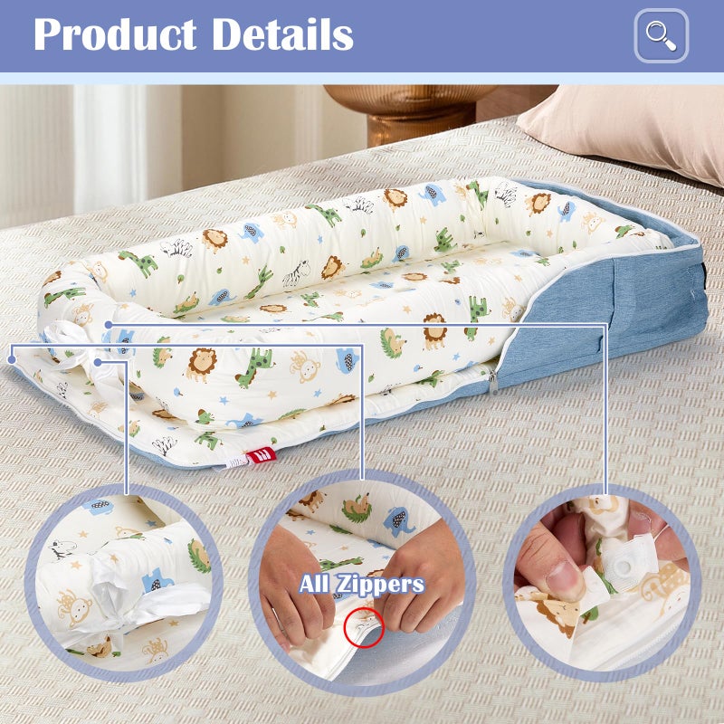Loevin Baby Lounger for Newborns & Infants 0â€“24 Months, 100% Cotton Breathable Infant Support Cushion with Adjustable Size, Portable Baby Nest for Home and Travel, Baby Shower Gift (Animal World Blue) - Image 4