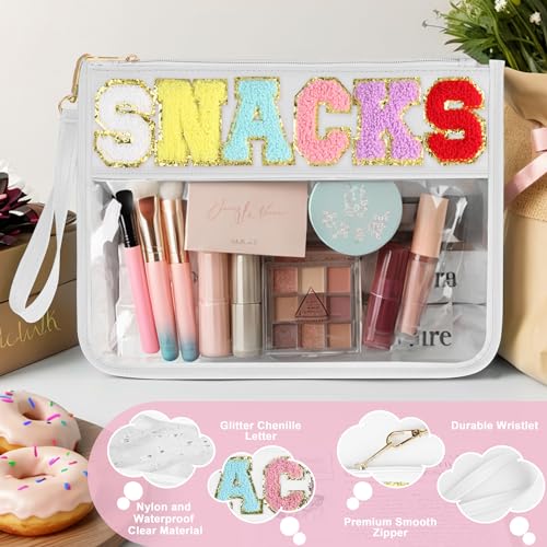 TESAFNG Snack Bag for Travel - Clear Chenille Varsity Letter Flat Pouch with Zipper, Waterproof Clear PVC&PU Preppy Patch Makeup Cosmetic tote Bags for Women Girls (White-Snacks) - Image 3