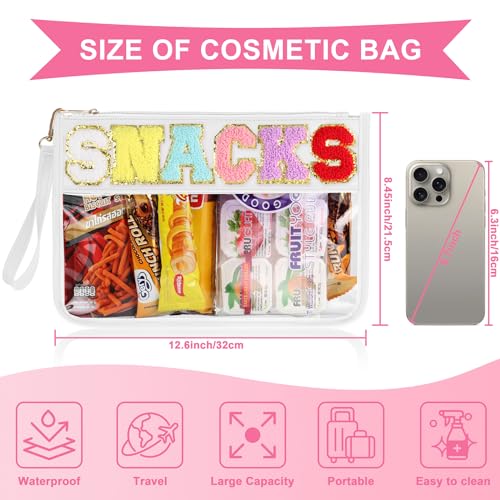 TESAFNG Snack Bag for Travel - Clear Chenille Varsity Letter Flat Pouch with Zipper, Waterproof Clear PVC&PU Preppy Patch Makeup Cosmetic tote Bags for Women Girls (White-Snacks) - Image 2