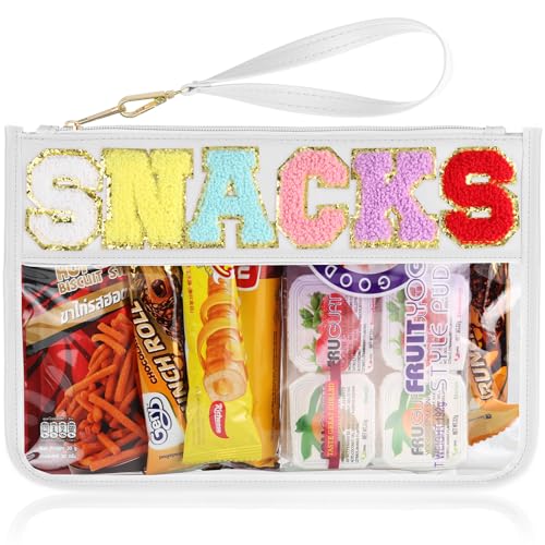 TESAFNG Snack Bag for Travel - Clear Chenille Varsity Letter Flat Pouch with Zipper, Waterproof Clear PVC&PU Preppy Patch Makeup Cosmetic tote Bags for Women Girls (White-Snacks) - Image 1