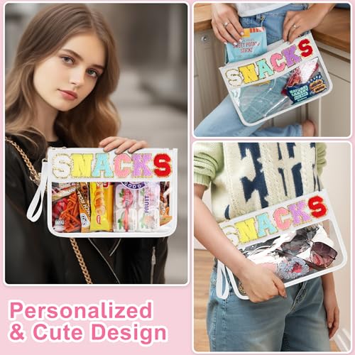 TESAFNG Snack Bag for Travel - Clear Chenille Varsity Letter Flat Pouch with Zipper, Waterproof Clear PVC&PU Preppy Patch Makeup Cosmetic tote Bags for Women Girls (White-Snacks) - Image 4