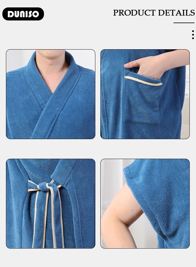 DUNISO روب حمام للرجال، روب حمام طويل خفيف الوزن للرجال، ناعم، سريع الجفاف، روب حمام رياضي، روب حمام ماص للماء سريع الجفاف، روب حمام بلون بحيرة زرقاء - Image 5