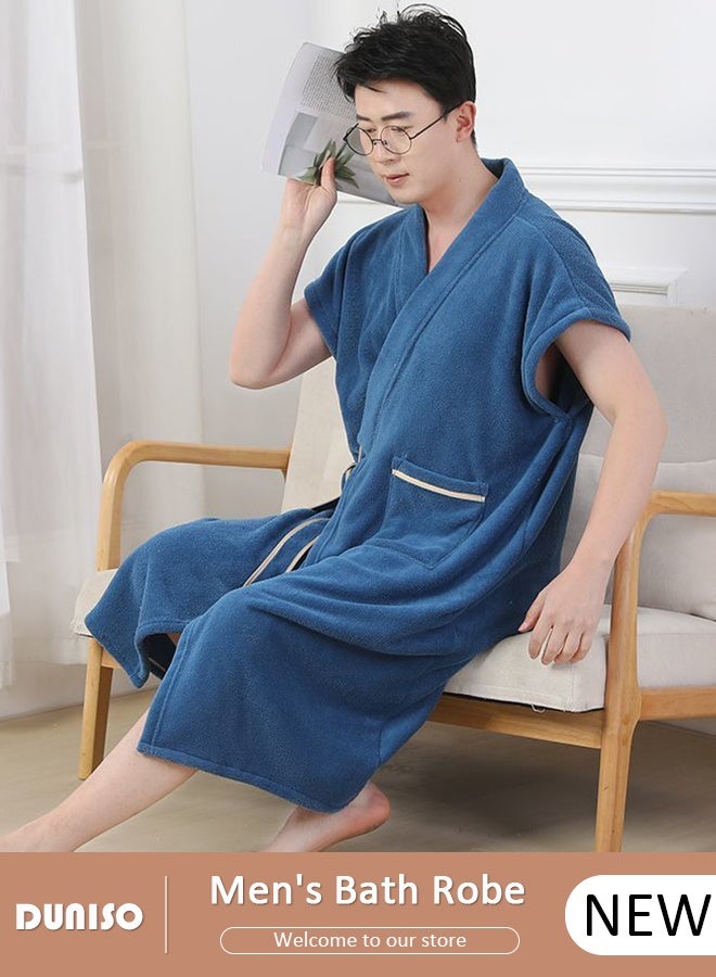 DUNISO روب حمام للرجال، روب حمام طويل خفيف الوزن للرجال، ناعم، سريع الجفاف، روب حمام رياضي، روب حمام ماص للماء سريع الجفاف، روب حمام بلون بحيرة زرقاء - Image 1