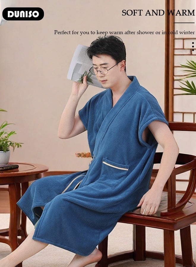 DUNISO روب حمام للرجال، روب حمام طويل خفيف الوزن للرجال، ناعم، سريع الجفاف، روب حمام رياضي، روب حمام ماص للماء سريع الجفاف، روب حمام بلون بحيرة زرقاء - Image 3