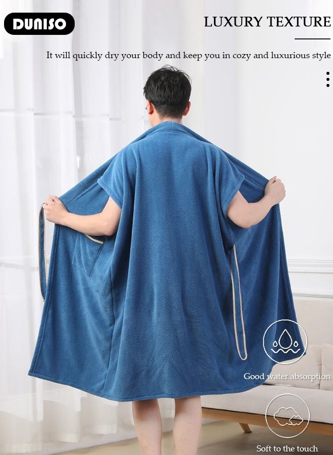 DUNISO روب حمام للرجال، روب حمام طويل خفيف الوزن للرجال، ناعم، سريع الجفاف، روب حمام رياضي، روب حمام ماص للماء سريع الجفاف، روب حمام بلون بحيرة زرقاء - Image 2
