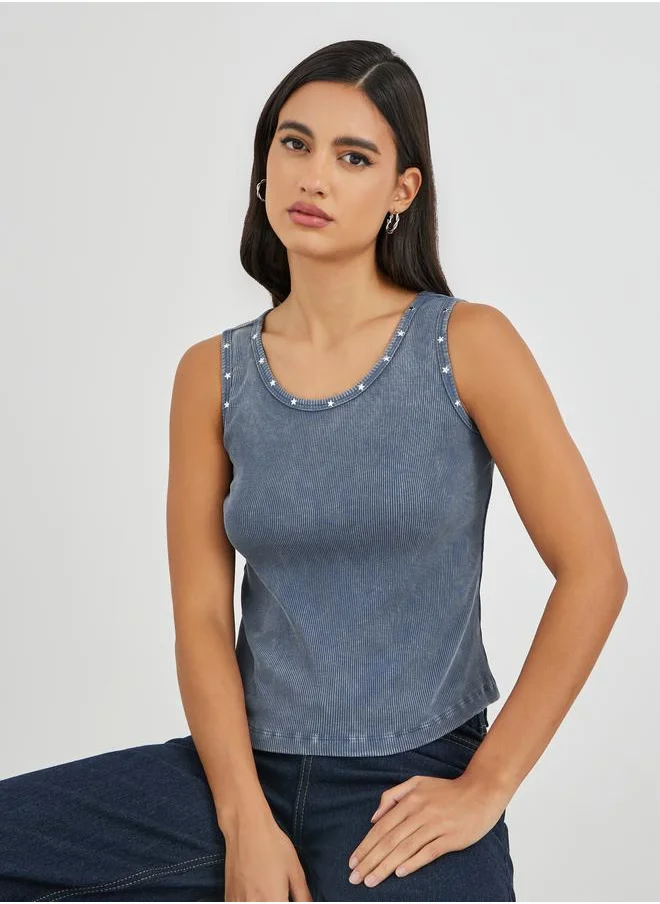 ستايلي Styli Ribbed Acid Washed Fitted Tank Top with Star Stud Detail
