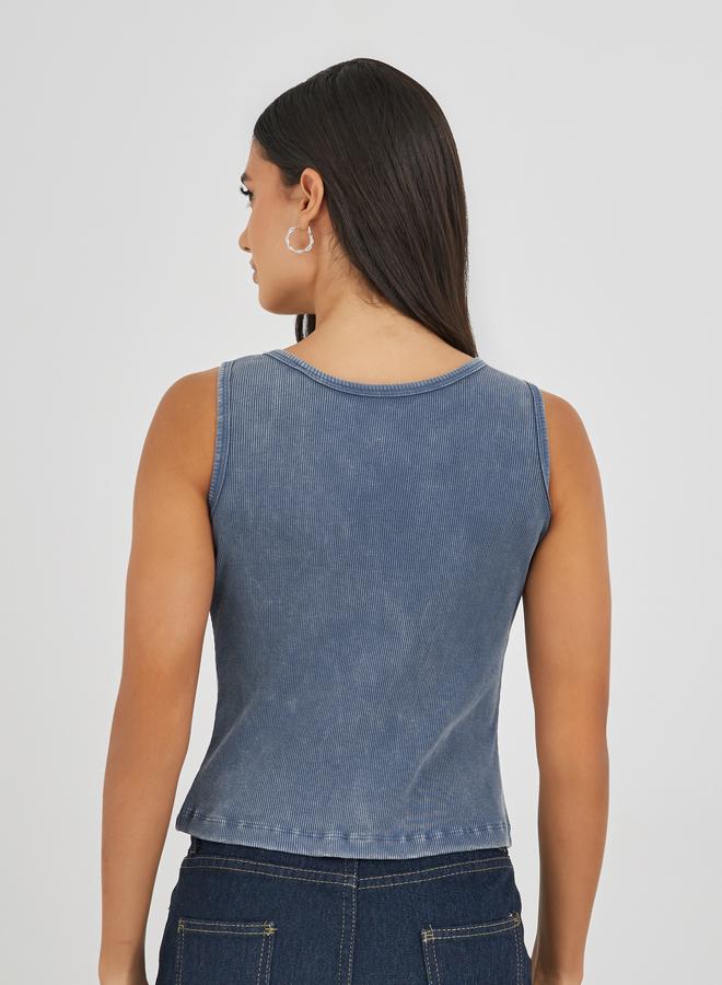 Styli Styli Ribbed Acid Washed Fitted Tank Top with Star Stud Detail  - Image 4