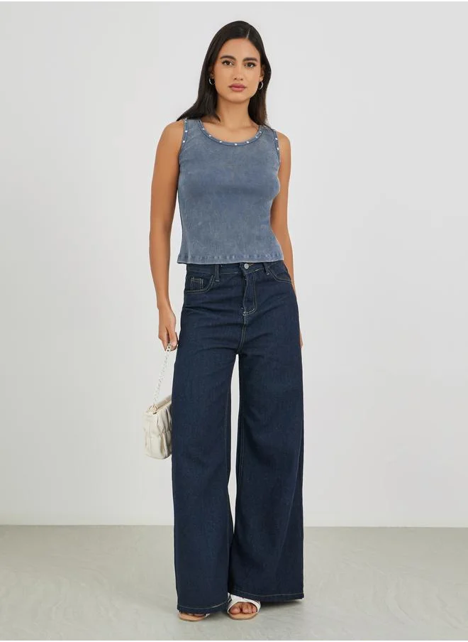 ستايلي Styli Ribbed Acid Washed Fitted Tank Top with Star Stud Detail
