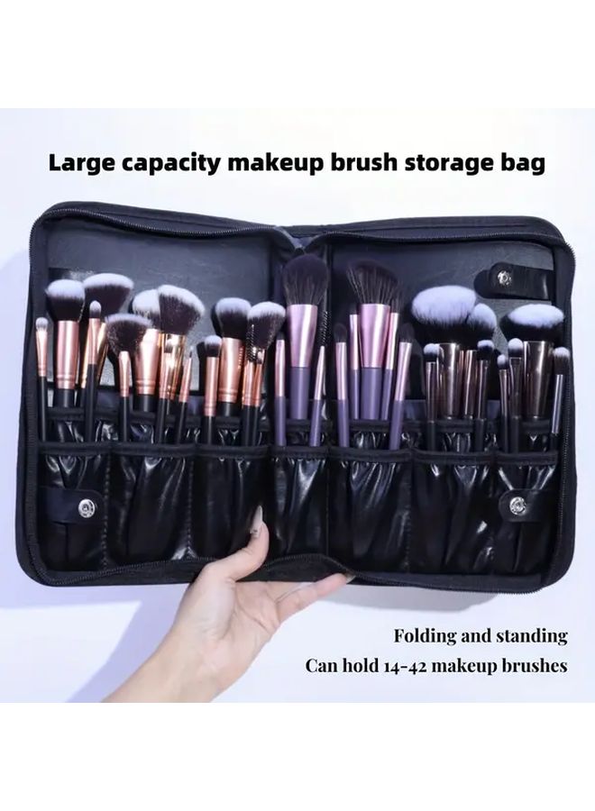 Black PU Foldable Makeup Brush Organizer 14 Slots Large Capacity Travel Case - Image 1