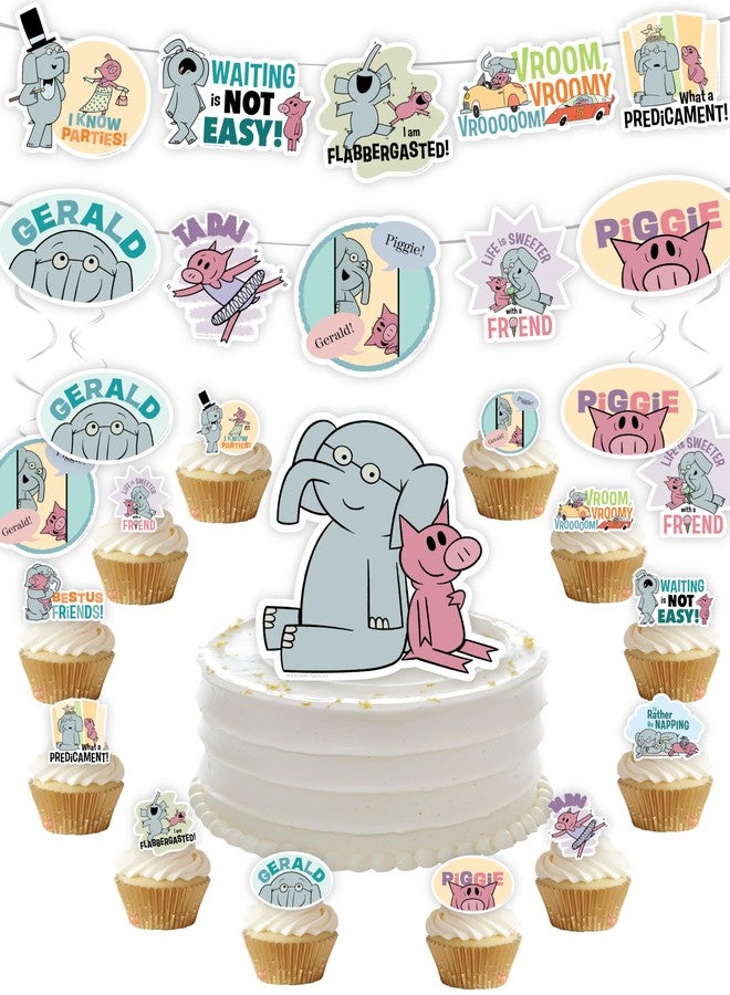 PartyKandy Elephant and Piggie Party Supplies Boy or Girl Birthday Party Decor with 8 Foot Banner, 24 Cupcake Toppers, Cake Topper, 4 Streamers with Gerald and Piggie Book Characters by Mo Willems (Party Set) - Image 1