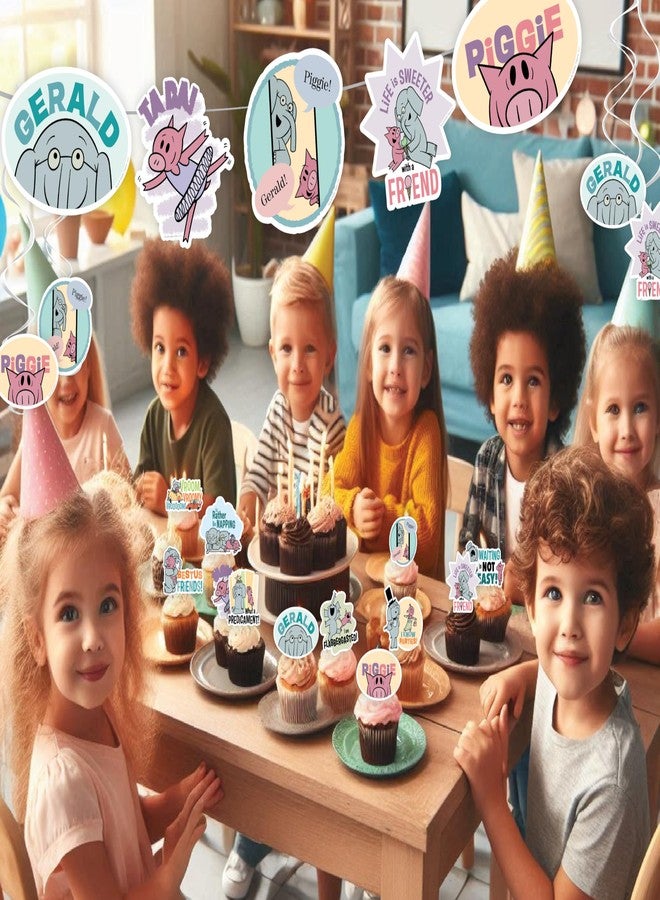 PartyKandy Elephant and Piggie Party Supplies Boy or Girl Birthday Party Decor with 8 Foot Banner, 24 Cupcake Toppers, Cake Topper, 4 Streamers with Gerald and Piggie Book Characters by Mo Willems (Party Set) - Image 4