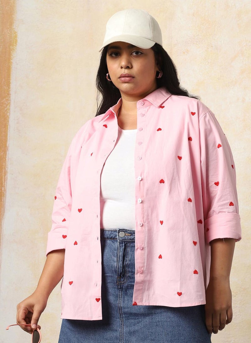 HIGH STAR Women Plus Size Oversized Fit Heart Embroidered Cotton Casual Shirt - Image 1