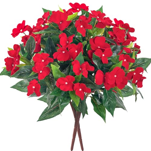 Uqueeten Fake Flowers Artificial Flowers for OutdoorArtificial Plant Artificial Impatiens Bouquet Flowers for Outdoors DecorationSilk Spring Artificial Plants for Outdoors Indoor Decor 2PCS Red - Image 1