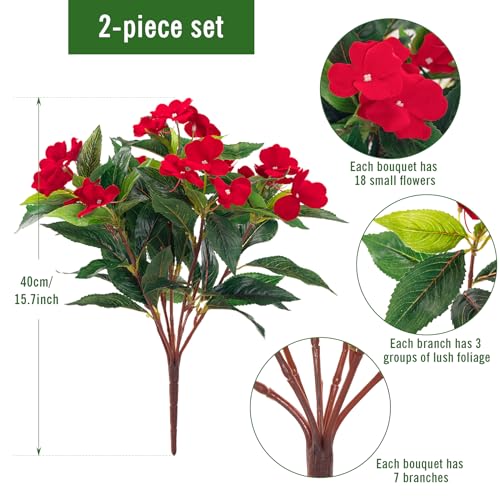 Uqueeten Fake Flowers Artificial Flowers for OutdoorArtificial Plant Artificial Impatiens Bouquet Flowers for Outdoors DecorationSilk Spring Artificial Plants for Outdoors Indoor Decor 2PCS Red - Image 3