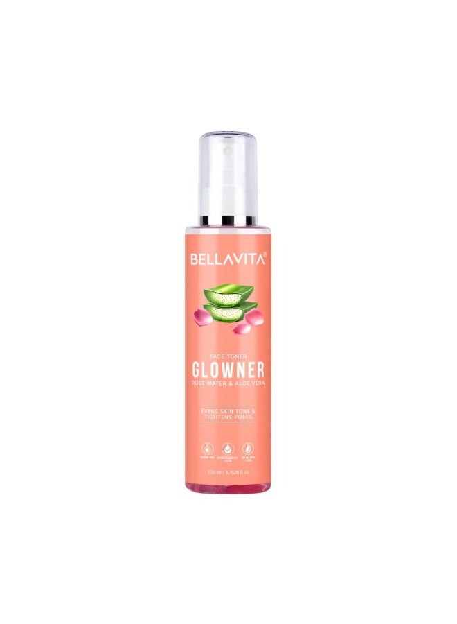 Bella Vita Organic Glowner Face Toner, Alcohol free, Rose Water 200ml Pore Minimizing Tightening Natural Toner Spray for Glowing Skin - All Skin Types - Image 1