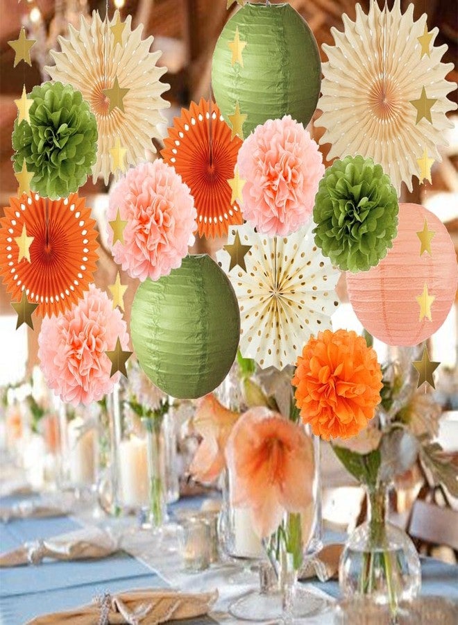 FETETIJD Olive Green and Orange Party Decorations Olive Birthday Party Decorations Peach and Orange Poms Lanterns Beige Fans Decor for Green and Peach Baby Shower Bridal Shower Rustic Wedding Party - Image 2