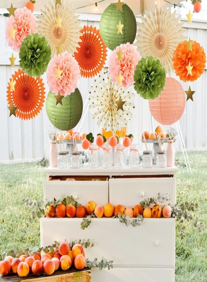 FETETIJD Olive Green and Orange Party Decorations Olive Birthday Party Decorations Peach and Orange Poms Lanterns Beige Fans Decor for Green and Peach Baby Shower Bridal Shower Rustic Wedding Party - Image 3