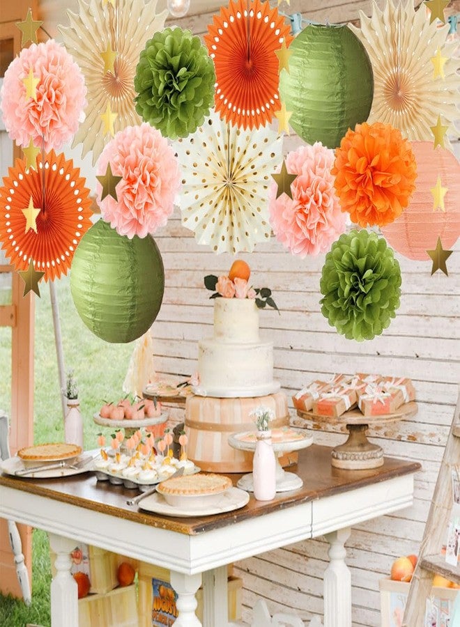 FETETIJD Olive Green and Orange Party Decorations Olive Birthday Party Decorations Peach and Orange Poms Lanterns Beige Fans Decor for Green and Peach Baby Shower Bridal Shower Rustic Wedding Party - Image 5