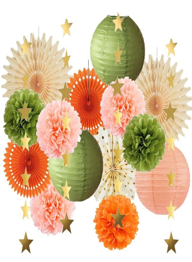 FETETIJD Olive Green and Orange Party Decorations Olive Birthday Party Decorations Peach and Orange Poms Lanterns Beige Fans Decor for Green and Peach Baby Shower Bridal Shower Rustic Wedding Party - Image 1