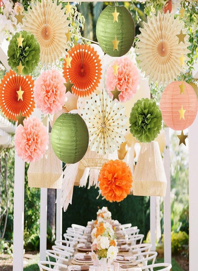 FETETIJD Olive Green and Orange Party Decorations Olive Birthday Party Decorations Peach and Orange Poms Lanterns Beige Fans Decor for Green and Peach Baby Shower Bridal Shower Rustic Wedding Party - Image 4