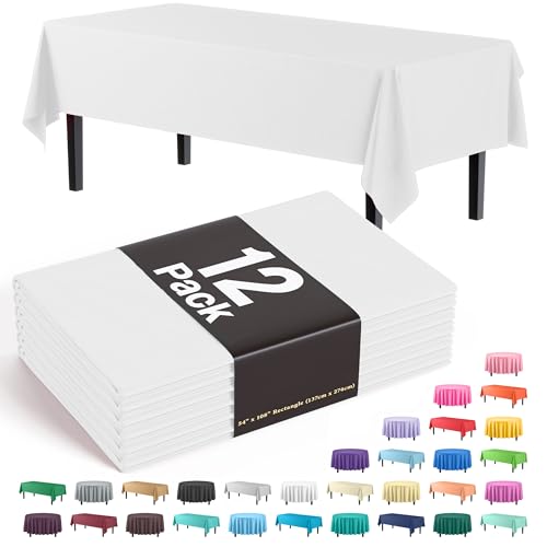 Exquisite 12Pack Premium Plastic Tablecloth 54 Inch x 108 Inch Rectangle Table CoverWhite