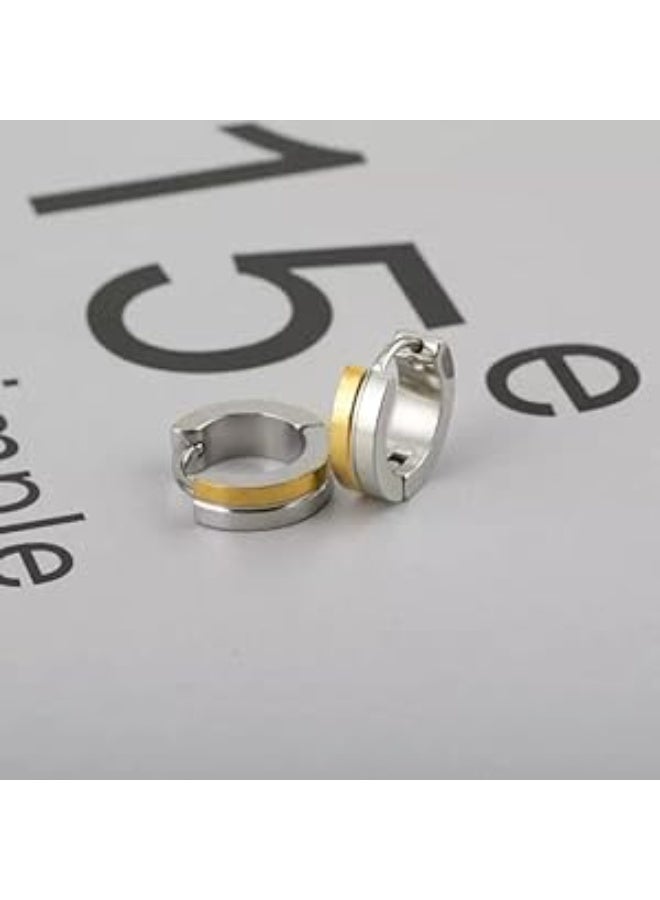 لاكجيريا أقراط "هاجي" (Huggie) المصنوعة من الفولاذ المقاوم للصدأ وتتميز بتصميم بلونين مع شريط ذهبي مركزي. - Image 1