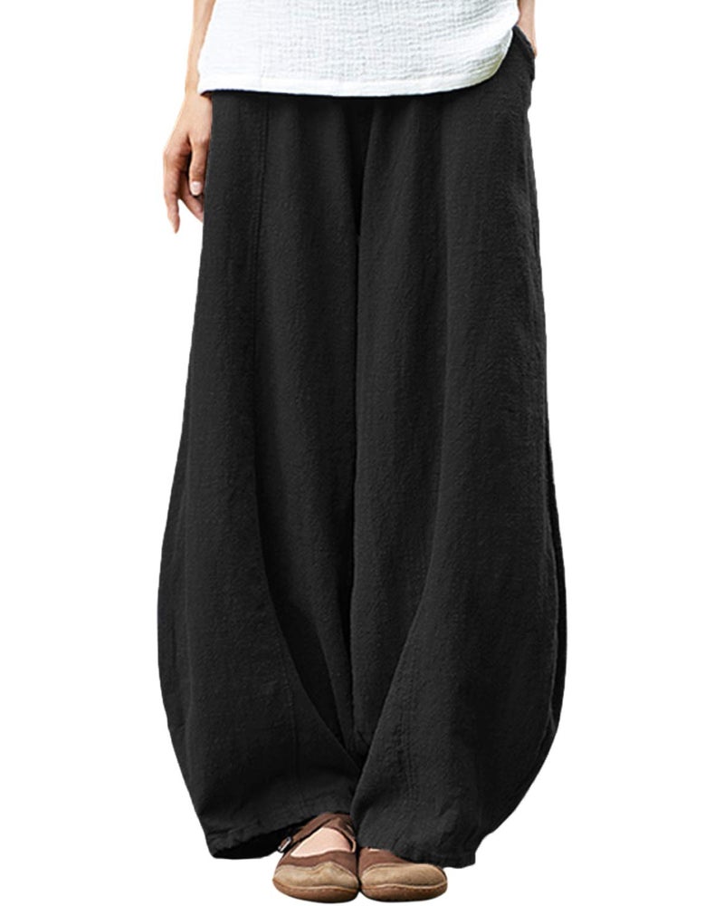 IXIMO Womens Casual Cotton Linen Baggy Pants with Elastic Waist Relax Fit Lantern Trousers Black S