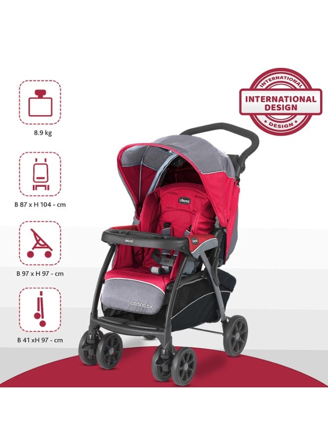Chicco Cortina CX Stroller, Pram for 0-5 years New Born / Baby / Toddler / Kid (Boy,Girl), 8 Reclining Positions with Cradle-effect Seat, Easy One-hand Folding, Linked Brakes and Shock-proof Wheels, 3-Position Adjustable Parent Handle, 5-Point Safety Harness (Upto 22 Kgs, Red) - Image 2