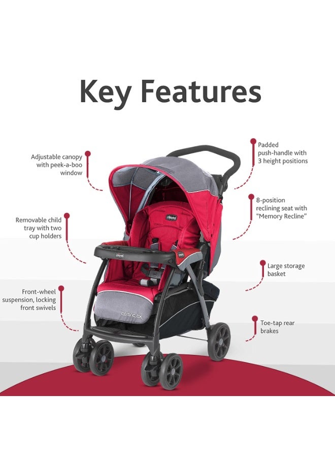 Chicco Cortina CX Stroller, Pram for 0-5 years New Born / Baby / Toddler / Kid (Boy,Girl), 8 Reclining Positions with Cradle-effect Seat, Easy One-hand Folding, Linked Brakes and Shock-proof Wheels, 3-Position Adjustable Parent Handle, 5-Point Safety Harness (Upto 22 Kgs, Red) - Image 3